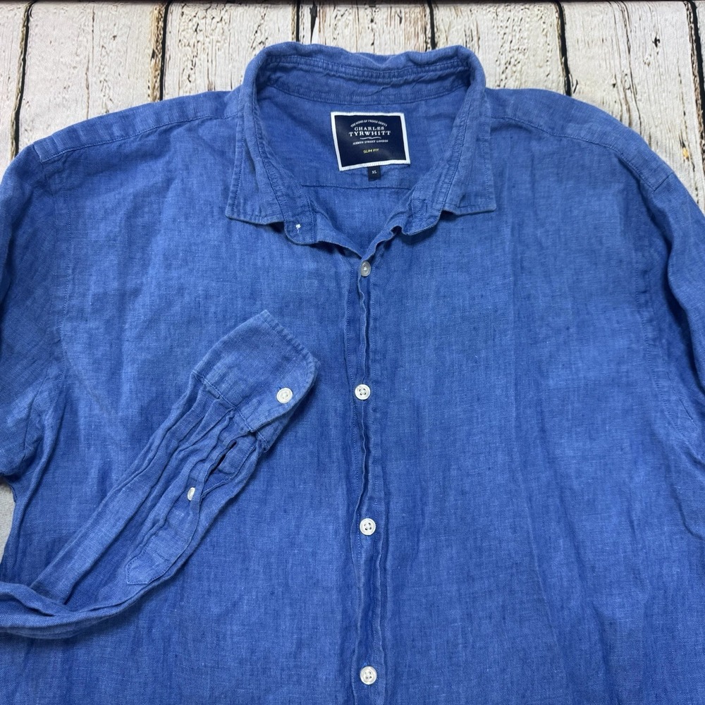 Charles Tyrwhitt Mens Slim Fit 100% Linen Long Sleeve Button Down Blue Shirt L